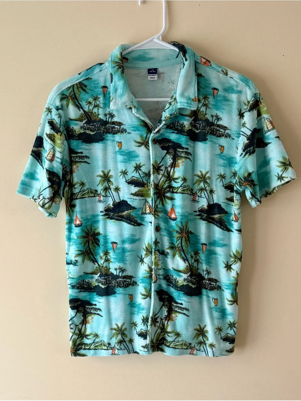 Old Navy Boys Tropical Island Terry Cloth Button-Up Shirt and Shorts, Size 14-16